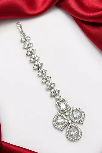 Silver CZ Maang Tikka, Floral Bridal Headpiece