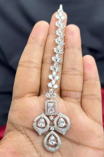 Silver CZ Maang Tikka, Floral Bridal Headpiece