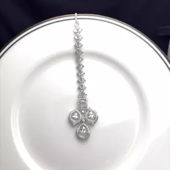 Silver CZ Maang Tikka, Floral Bridal Headpiece 4