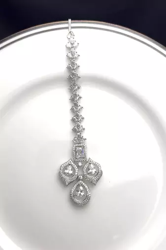 Silver CZ Maang Tikka, Floral Bridal Headpiece