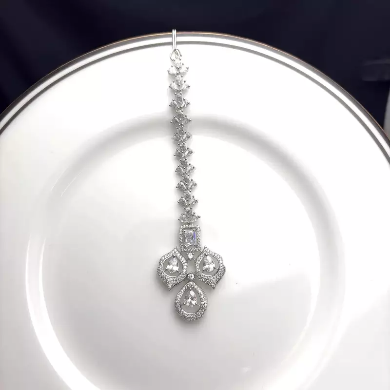 Silver CZ Maang Tikka, Floral Bridal Headpiece