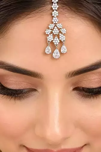 Crystal Maang Tikka, Silver Tone Bridal Headpiece