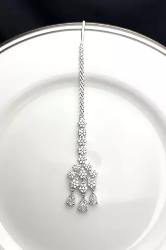 Crystal Maang Tikka, Silver Tone Bridal Headpiece