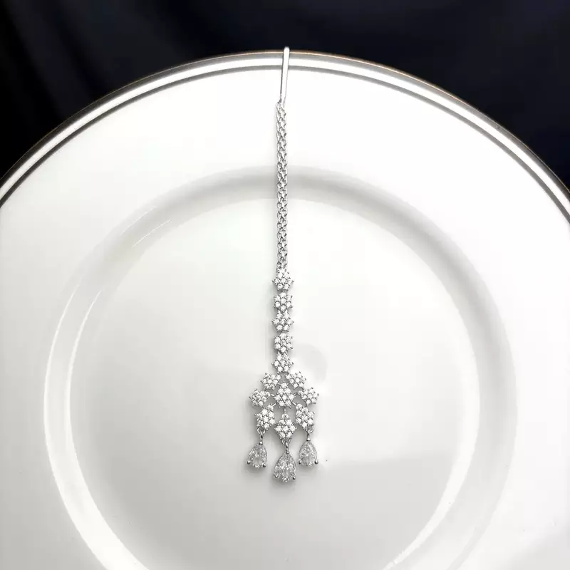 Crystal Maang Tikka, Silver Tone Bridal Headpiece
