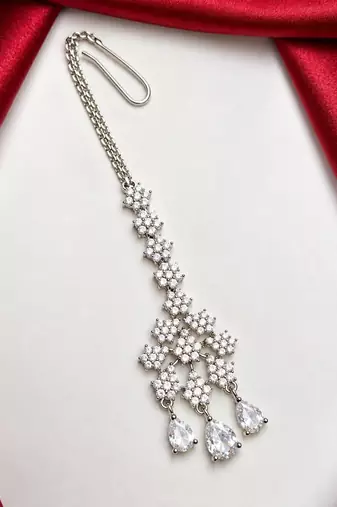 Crystal Maang Tikka, Silver Tone Bridal Headpiece