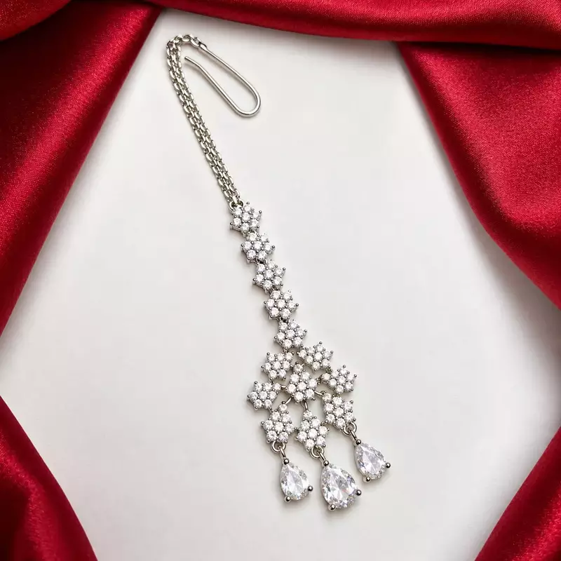 Crystal Maang Tikka, Silver Tone Bridal Headpiece