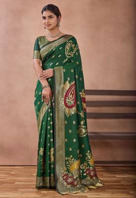 Bottle green banarasi cotton silk kota saree with woven zari work blouse 1