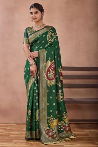 Bottle green banarasi cotton silk kota saree with woven zari work blouse