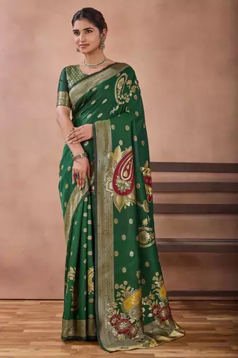 Bottle green banarasi cotton silk kota saree with woven zari work blouse
