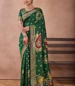 Bottle green banarasi cotton silk kota saree with woven zari work blouse