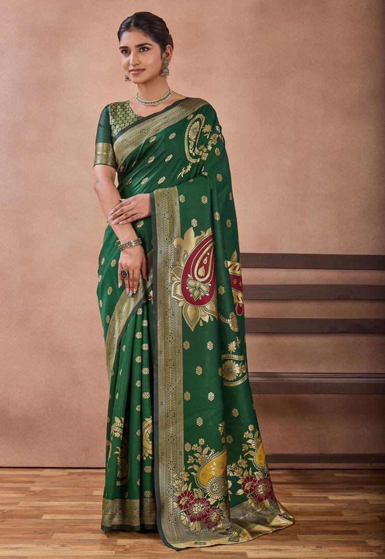 Bottle green banarasi cotton silk kota saree with woven zari work blouse