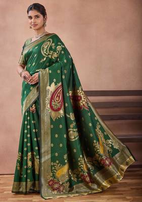 Bottle green banarasi cotton silk kota saree with woven zari work blouse 2