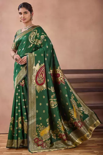 Bottle green banarasi cotton silk kota saree with woven zari work blouse