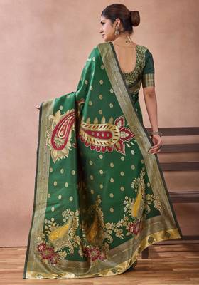 Bottle green banarasi cotton silk kota saree with woven zari work blouse 3