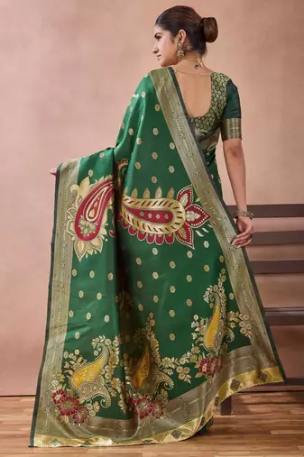 Bottle green banarasi cotton silk kota saree with woven zari work blouse