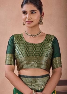 Bottle green banarasi cotton silk kota saree with woven zari work blouse 4