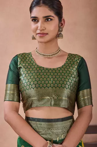 Bottle green banarasi cotton silk kota saree with woven zari work blouse