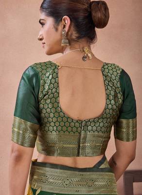 Bottle green banarasi cotton silk kota saree with woven zari work blouse 5