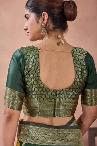 Bottle green banarasi cotton silk kota saree with woven zari work blouse
