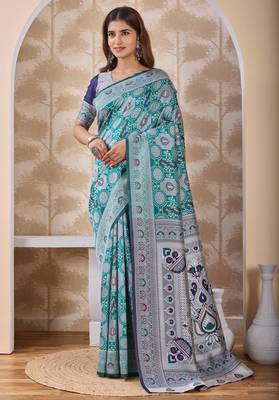 Rama green banarasi cotton silk kota saree with woven zari work, floral pallu and blouse 1