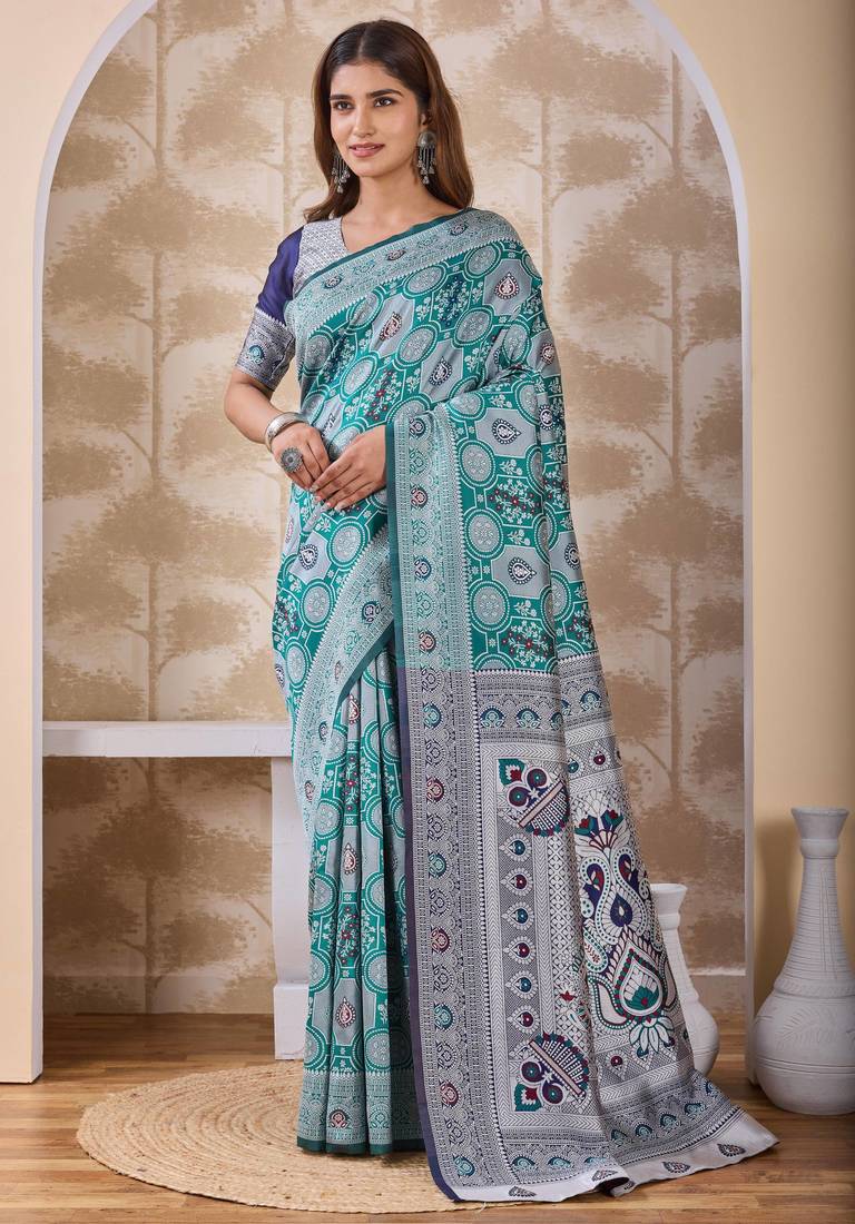Rama green banarasi cotton silk kota saree with woven zari work, floral pallu and blouse