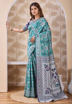Rama green banarasi cotton silk kota saree with woven zari work, floral pallu and blouse 2