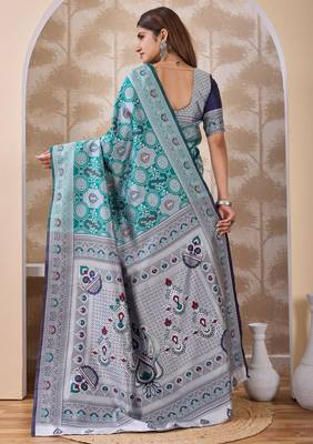 Rama green banarasi cotton silk kota saree with woven zari work, floral pallu and blouse 3