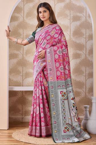 Rani pink banarasi cotton silk kota saree with woven zari work, floral pallu and blouse