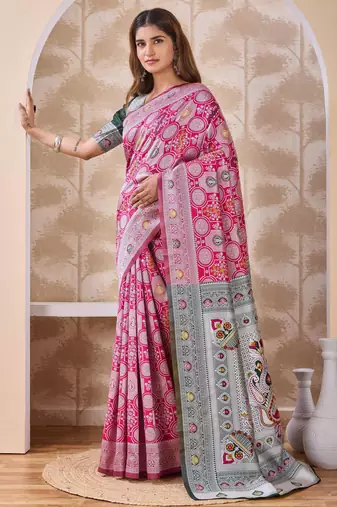 Rani pink banarasi cotton silk kota saree with woven zari work, floral pallu and blouse