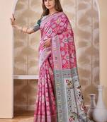 Rani pink banarasi cotton silk kota saree with woven zari work, floral pallu and blouse