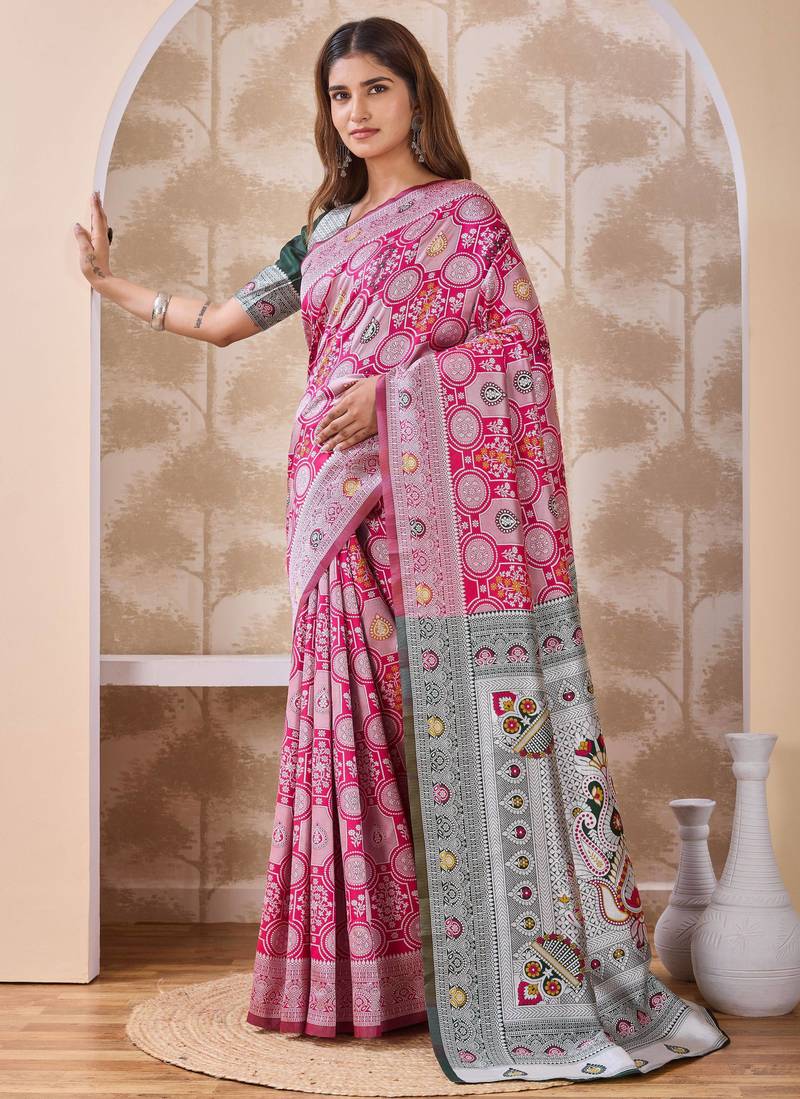 Rani pink banarasi cotton silk kota saree with woven zari work, floral pallu and blouse
