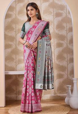 Rani pink banarasi cotton silk kota saree with woven zari work, floral pallu and blouse 2