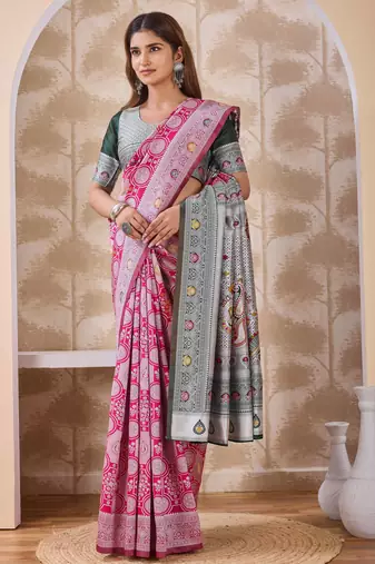 Rani pink banarasi cotton silk kota saree with woven zari work, floral pallu and blouse