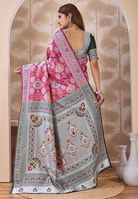 Rani pink banarasi cotton silk kota saree with woven zari work, floral pallu and blouse 3
