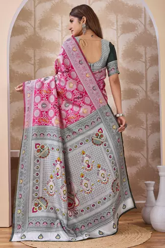 Rani pink banarasi cotton silk kota saree with woven zari work, floral pallu and blouse
