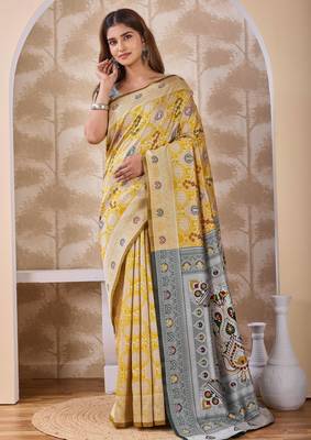 Mustard banarasi cotton silk kota saree with woven zari work, floral pallu and blouse 1