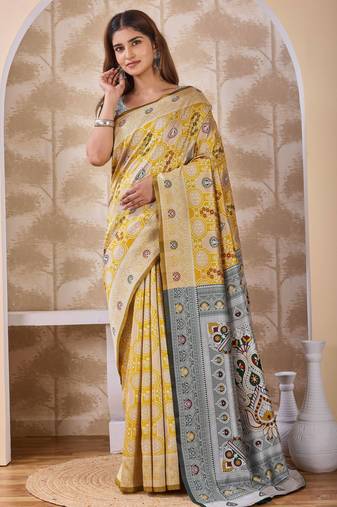 Mustard banarasi cotton silk kota saree with woven zari work, floral pallu and blouse