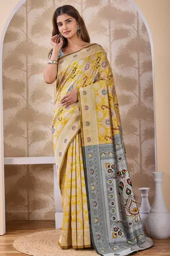 Mustard banarasi cotton silk kota saree with woven zari work, floral pallu and blouse