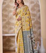 Mustard banarasi cotton silk kota saree with woven zari work, floral pallu and blouse