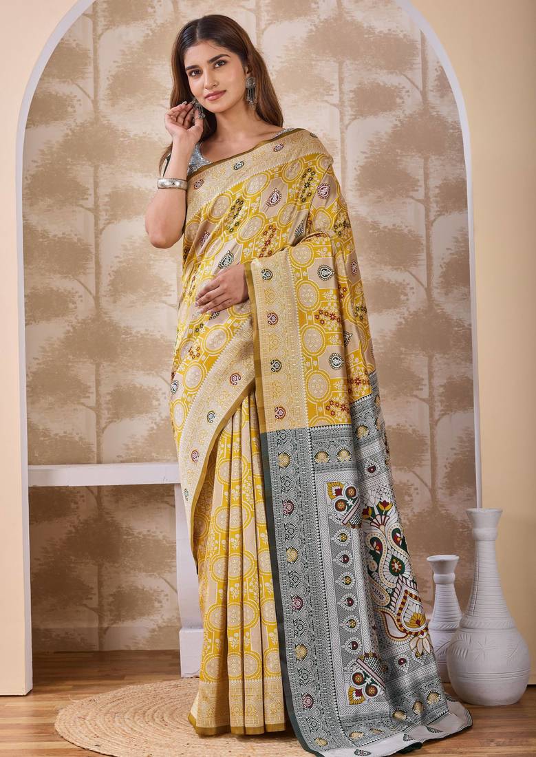 Mustard banarasi cotton silk kota saree with woven zari work, floral pallu and blouse