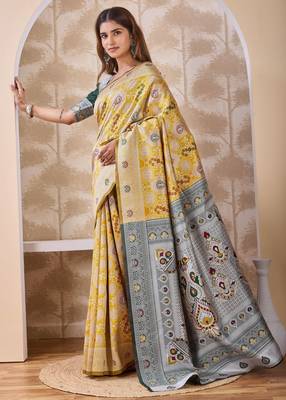 Mustard banarasi cotton silk kota saree with woven zari work, floral pallu and blouse 2