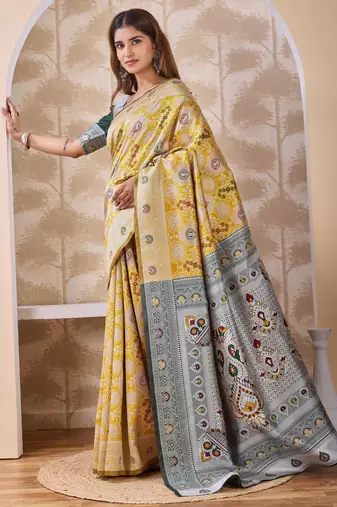 Mustard banarasi cotton silk kota saree with woven zari work, floral pallu and blouse