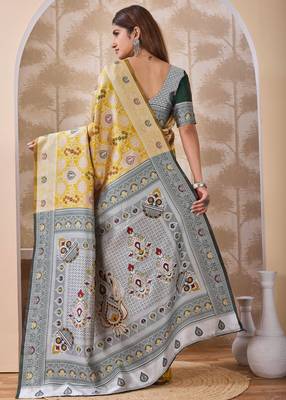 Mustard banarasi cotton silk kota saree with woven zari work, floral pallu and blouse 3