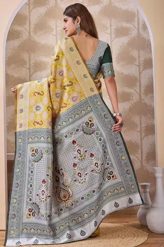 Mustard banarasi cotton silk kota saree with woven zari work, floral pallu and blouse
