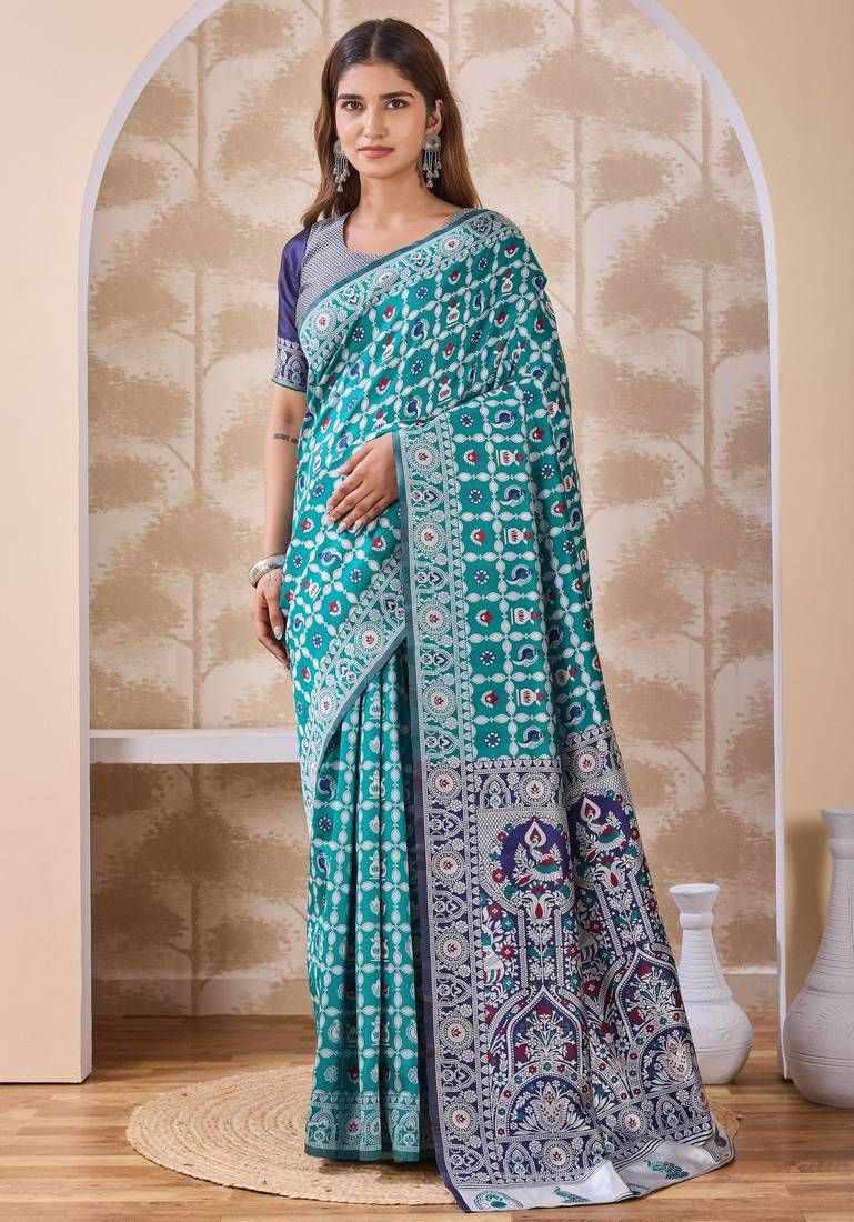 Rama green banarasi cotton silk kota saree with woven zari work, floral pallu and blouse