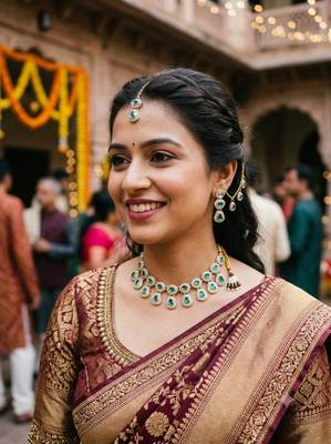 Green necklace set with earrings & maang tikka kundan & agate stone lekar gold plating 4