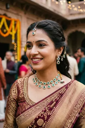 Green necklace set with earrings & maang tikka kundan & agate stone lekar gold plating
