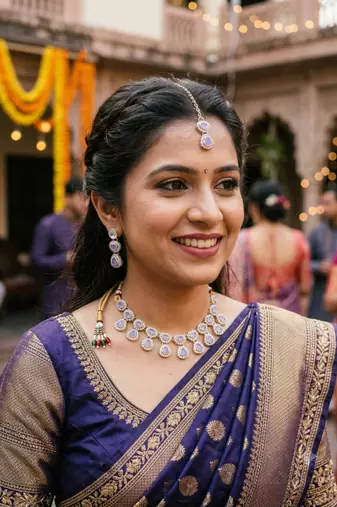 Lavender  necklace set with earrings & maang tikka kundan & agate stone lekar gold plating