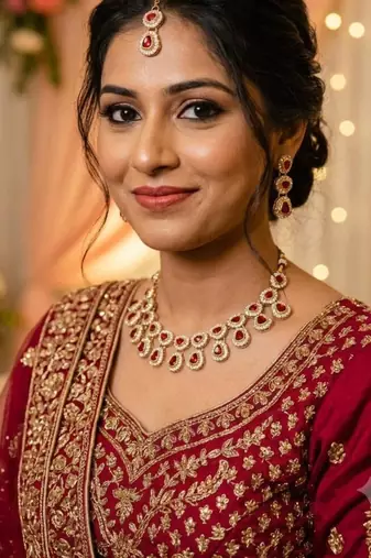 Maroon necklace set with earrings & maang tikka kundan & agate stone lekar gold plating