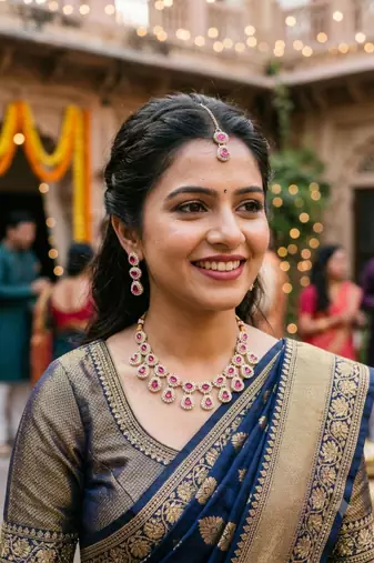 Rani necklace set with earrings & maang tikka kundan & agate stone lekar gold plating